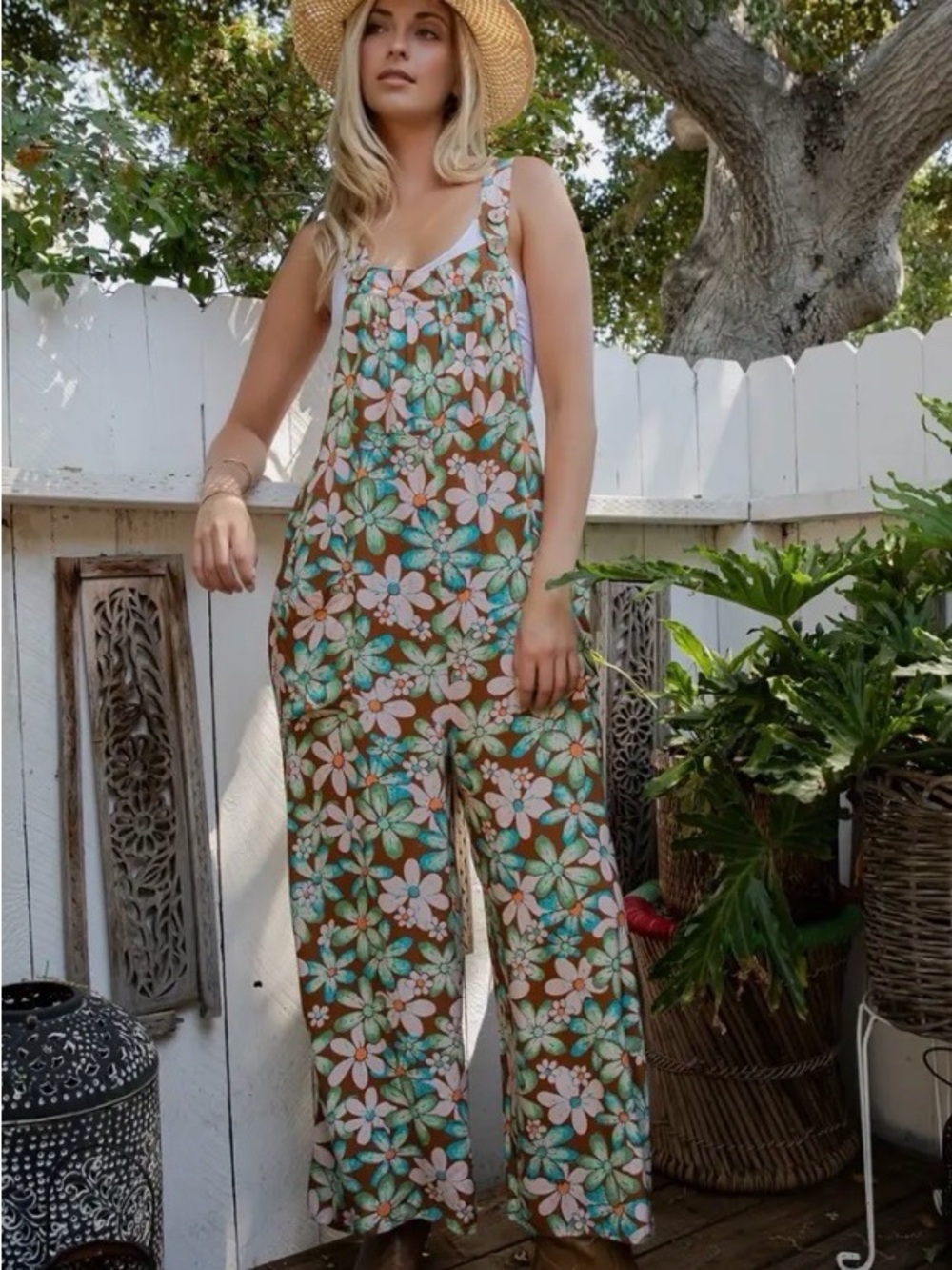 Sage + Fig Retro 70s Floral Wide Leg Overalls Jumpsuit Boho - Picture 6 of 9
